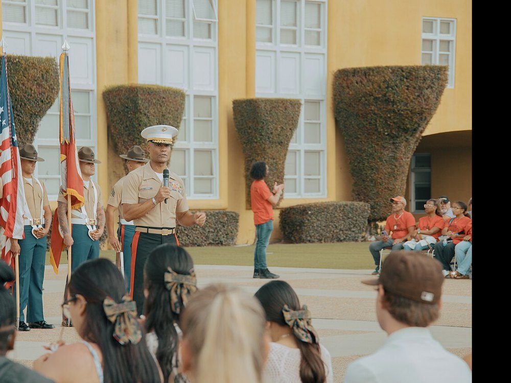 Marine Corps color guard at a Morning Colors ceremony, MCRD San Diego